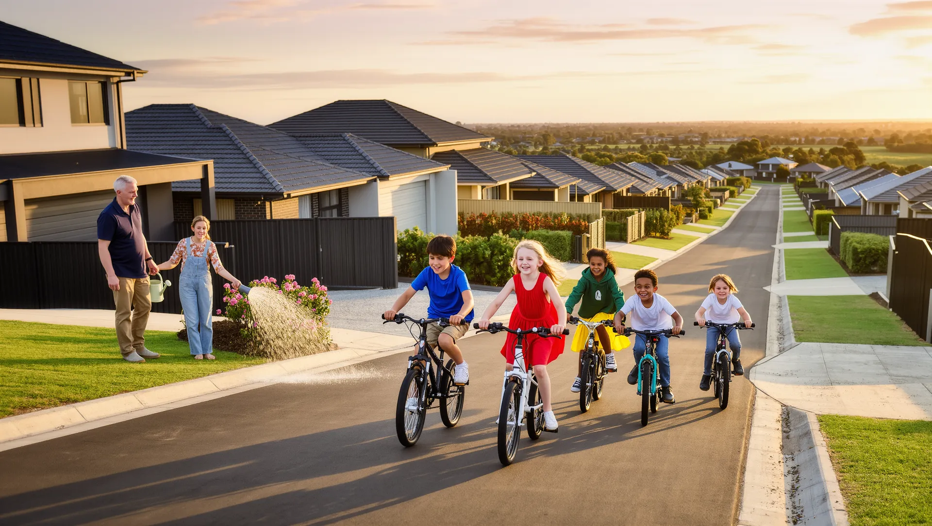 Family-scale streetscape at golden hour in a new estate