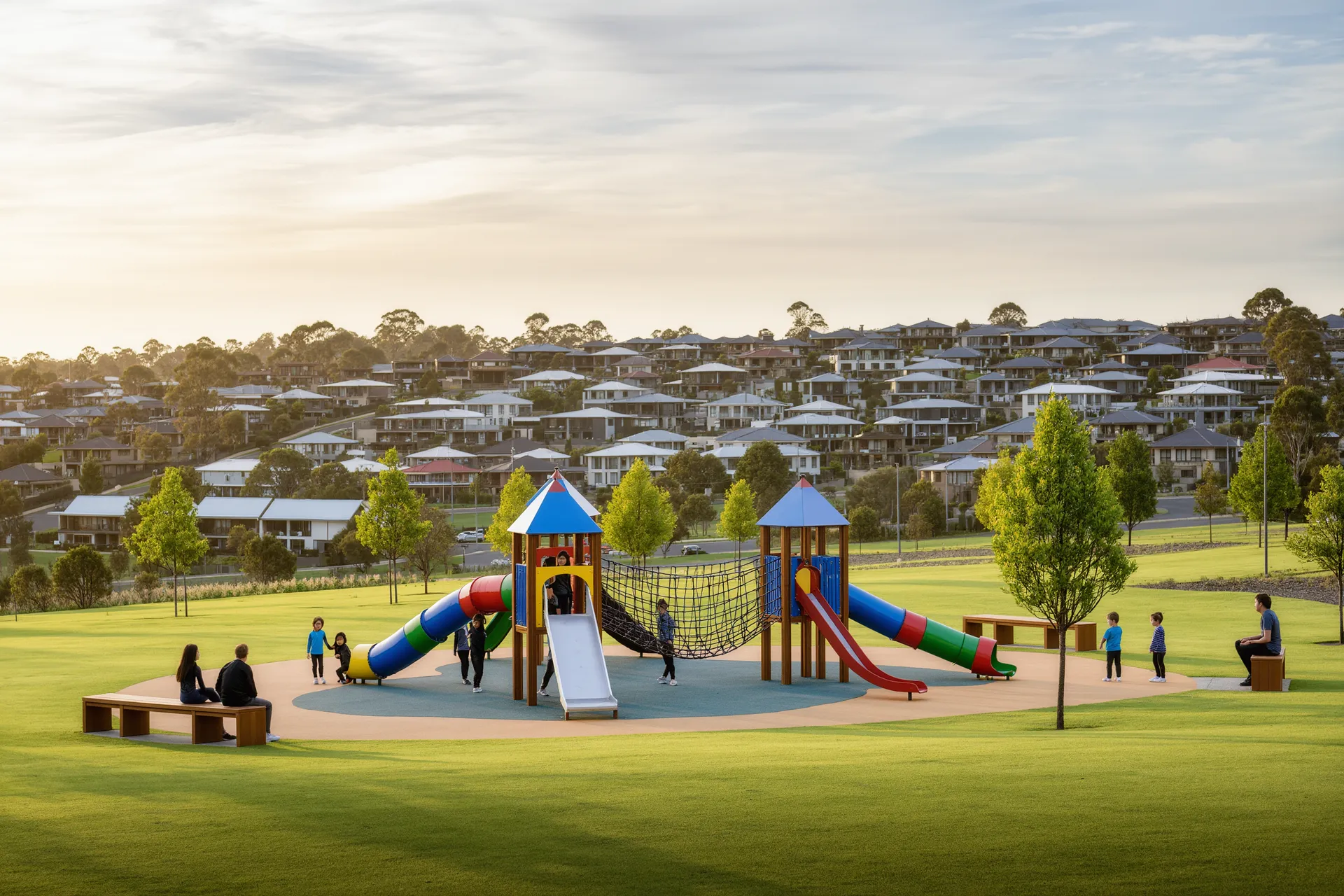 A neighbourhood playground with families
