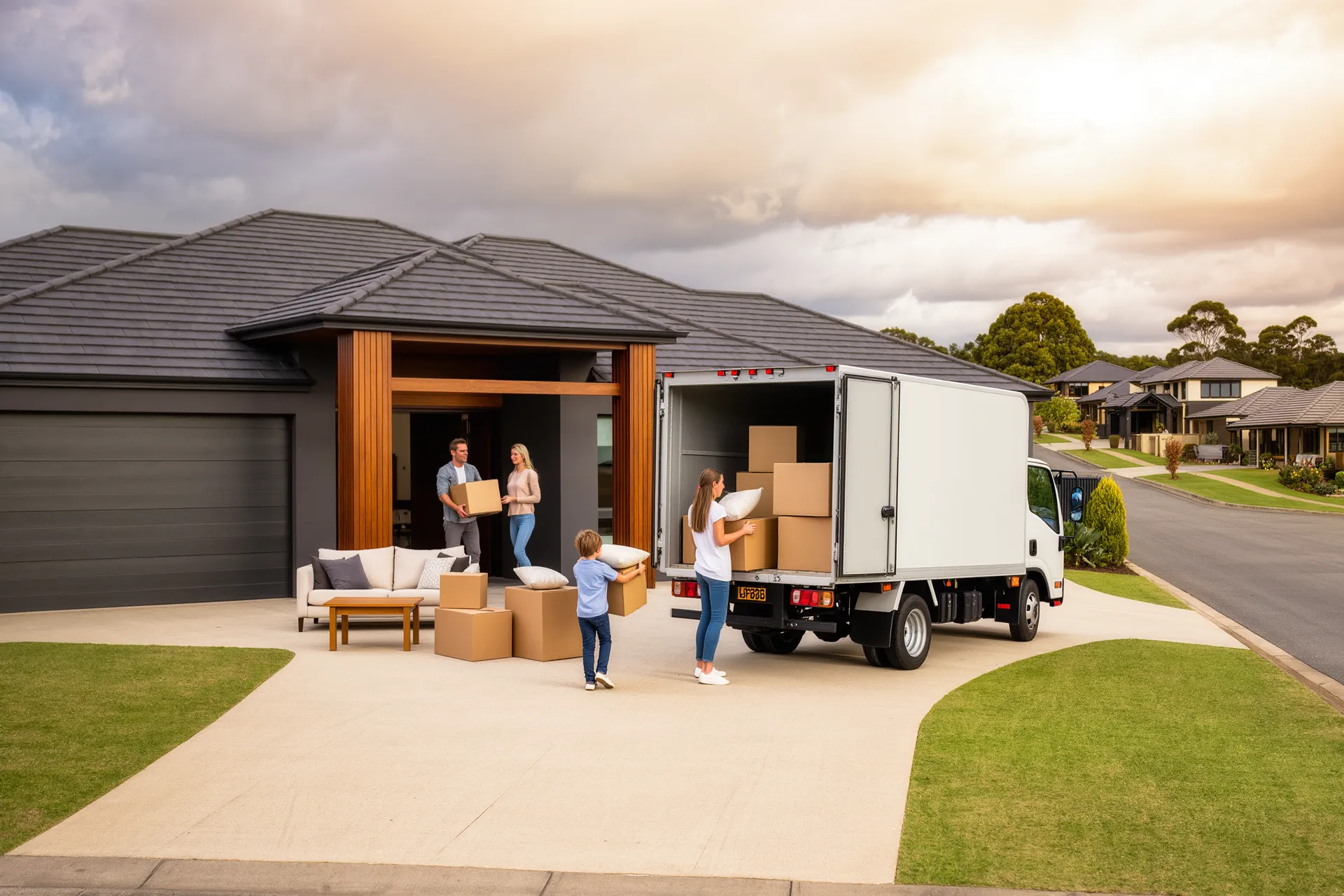 A young family standing in front of a completed new home